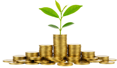Pile of Coins with a Growing Plant on Top Symbolizing Financial Growth, Isolated on a Transparent Background, PNG format