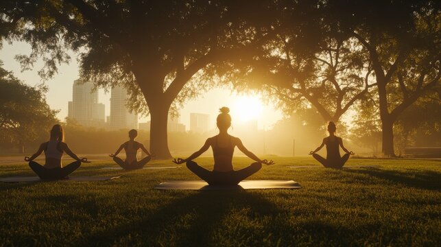 Gen Z friends doing yoga together in a serene park at sunrise. Featuring calm and mindfulness