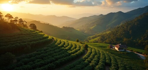 Aerial view captures coffee plantation nestled in Sao Paulo state Brazil. Green fields, terraces create tranquil agricultural scene. Landscape organic farming, sustainable cultivation practices in