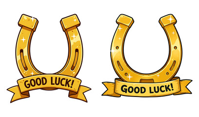 Two Cartoon Gold Horseshoe Symbols with "Good Luck" Banners isolated on transparent background.