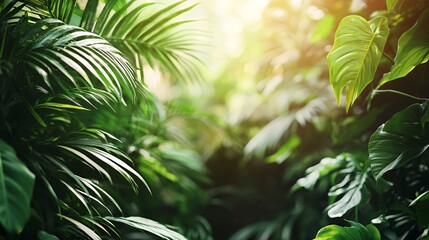 Lush Green Tropical Foliage Background With Sunlight