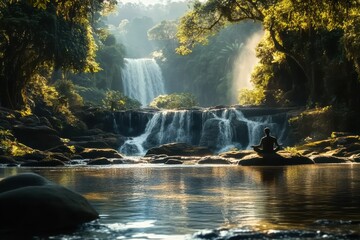Meditative moment by serene waterfall lush forest nature scene tranquil environment peaceful viewpoint