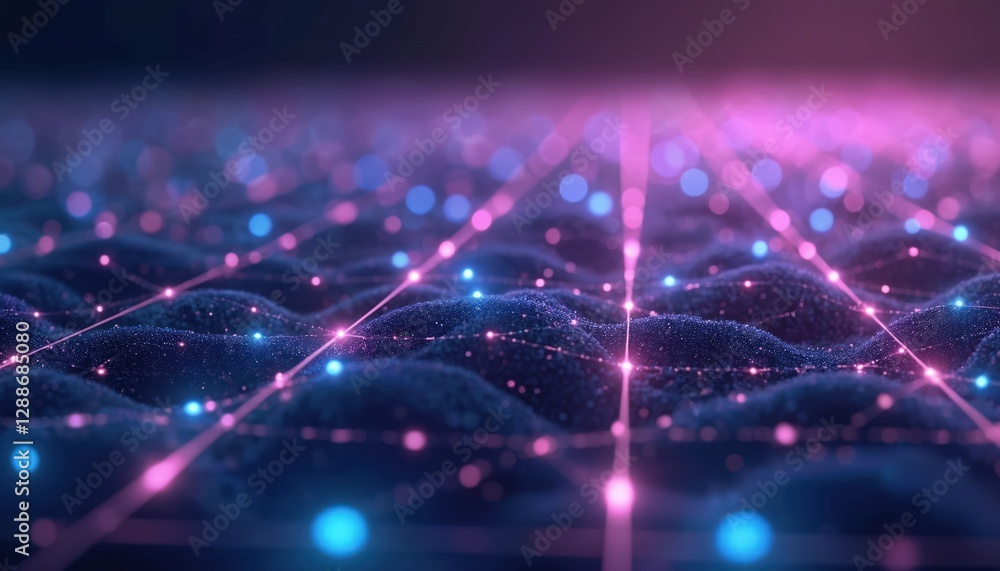 Poster abstract blue, purple background with glowing particles, lines. digital grid surface. generative ai 