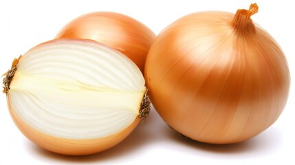 Fresh Brown Onions with a Cut Half Displaying Layered Texture on a White Background