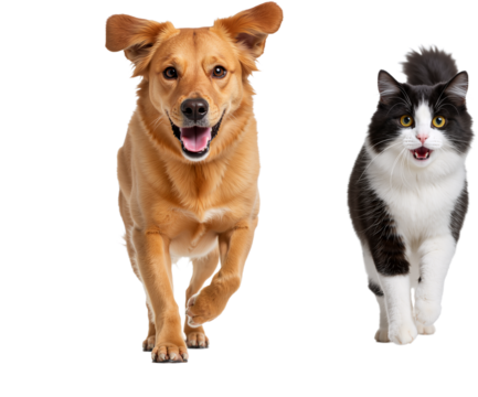 Cat and Dog Running and Playing Together, Showcasing Animal Friendship, Isolated on Transparent Background, PNG format