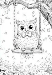 Obraz premium Adorable Owl on Swing Amidst Falling Autumn Leaves A Whimsical Line Art Drawing For Coloring Book