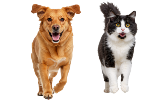 Cat and Dog Running and Playing Together, Showcasing Animal Friendship, Isolated on Transparent Background, PNG format