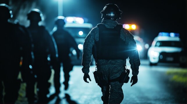 Armed Tactical Response Team Patrolling the Streets at Night with Police Vehicles Nearby
