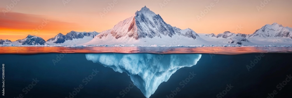 Poster stunning split view capturing a massive iceberg submerged underwater with its tip reaching the surfa