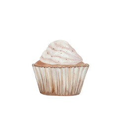Cupcake with watercolor illustration of white cream. Hand drawn image of a delicious pastry, dessert on a white isolated background. For menu design, invitations, textiles
