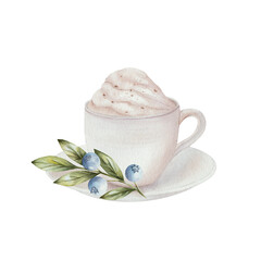Cup of white coffee, hot chocolate and cream with coffee beans, with a saucer and blueberries with green leaves. Watercolor illustration, isolated on white background. For menu design, cards, cooking