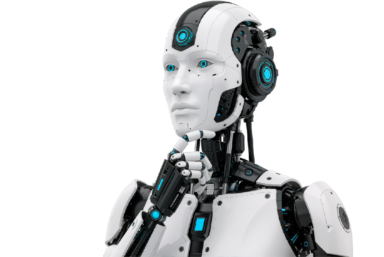 AI Robot Thinking, Side View, Isolated on a Transparent Background, PNG format