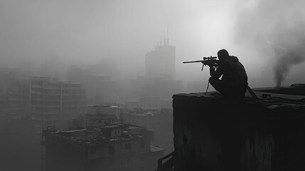 Foggy city, sniper aims rifle, rooftop perch.