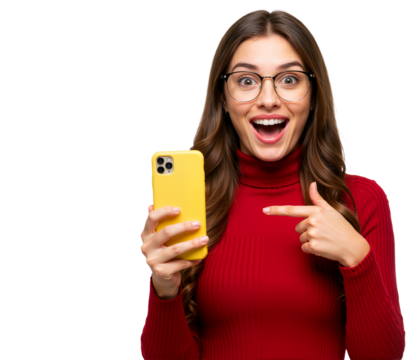 Woman Pointing at Her Smartphone with a Surprised and Excited Facial Expression on a Transparent Background, PNG format
