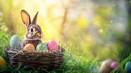 easter eggs in a nest, close up of a easter eggs in the basket
