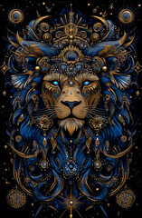 Obraz premium Blue and gold lion with a blue eye. The lion is surrounded by stars and has a crown on its head