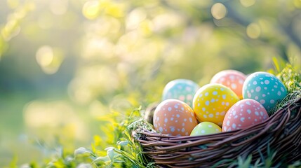 Obraz premium easter eggs in a nest, close up of a easter eggs in the basket