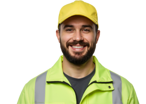 Portrait of a Smiling Manufacturing Worker Wearing a Hat, Isolated on a Transparent Background, PNG Format