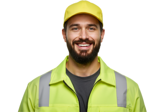 Portrait of a Smiling Manufacturing Worker Wearing a Hat, Isolated on a Transparent Background, PNG Format