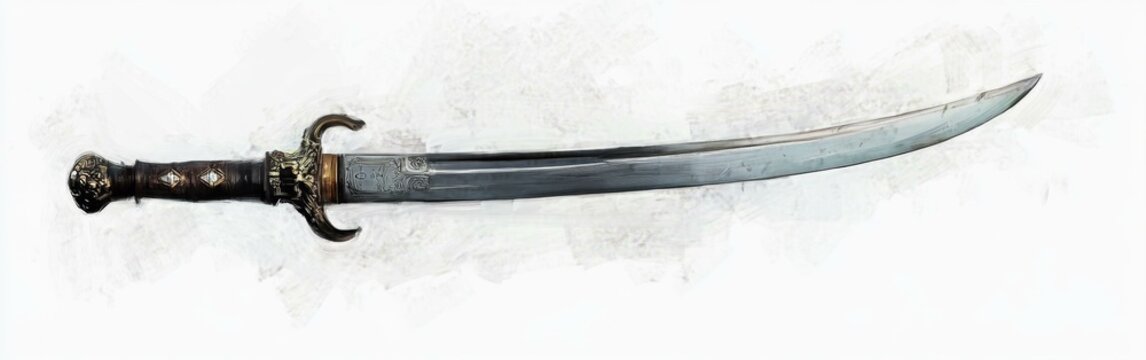 Curved Sword with Intricate Hilt Artwork Close Up Fantasy Weapon Depiction Detailed Grip Blade Design