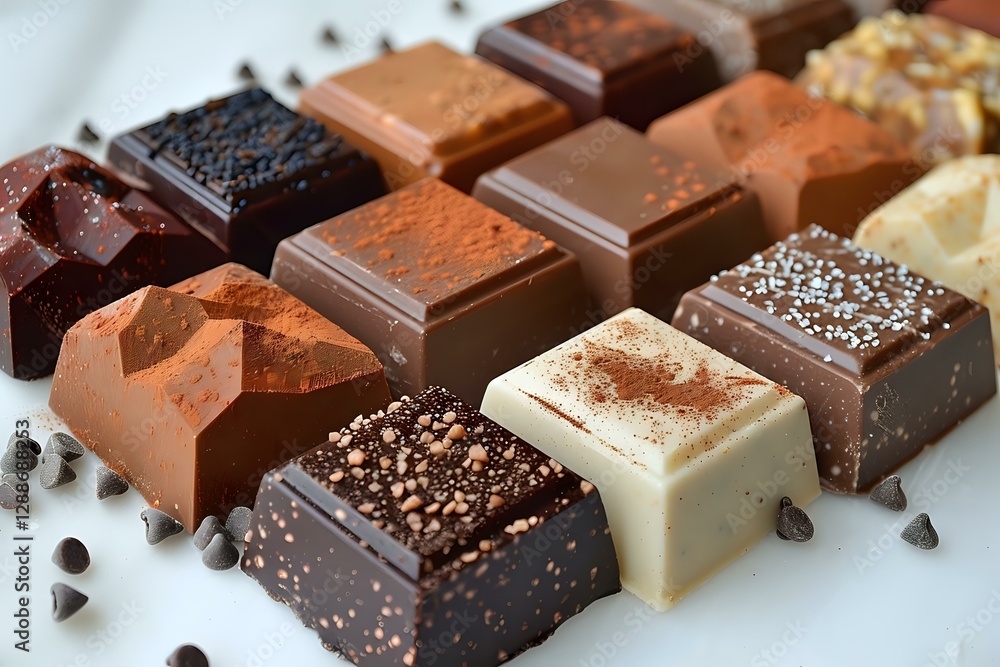 Poster assorted gourmet chocolate bonbons and pralines with different toppings and fillings arranged in row