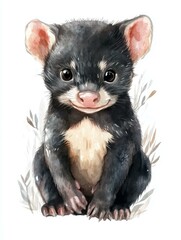 Fototapeta premium Cute Tasmanian Devil Joey Watercolor Painting Detailed Artwork Peaceful Forest Animal Wildlife Illustration
