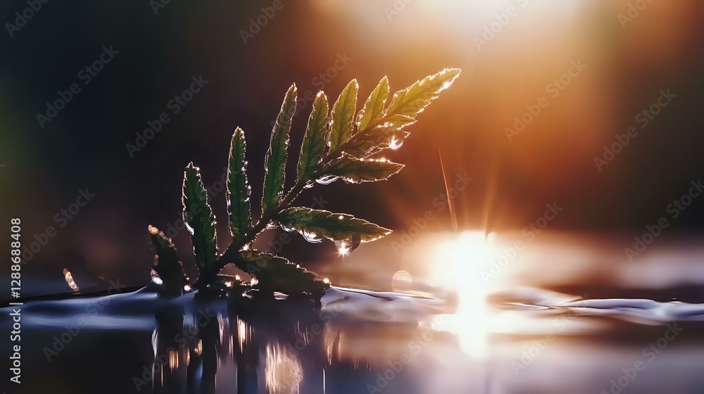 Aufkleber delicate fern leaf floating on water surface with sunlight creating magical bokeh reflections and sp
