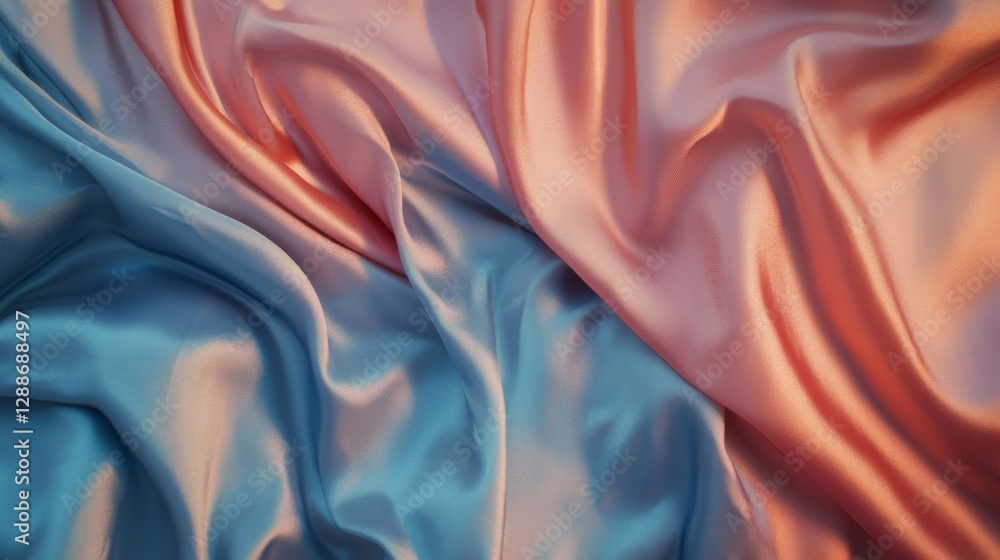 Poster flowing satin fabrics in pink and blue, creating gentle waves and reflections. textile texture and l