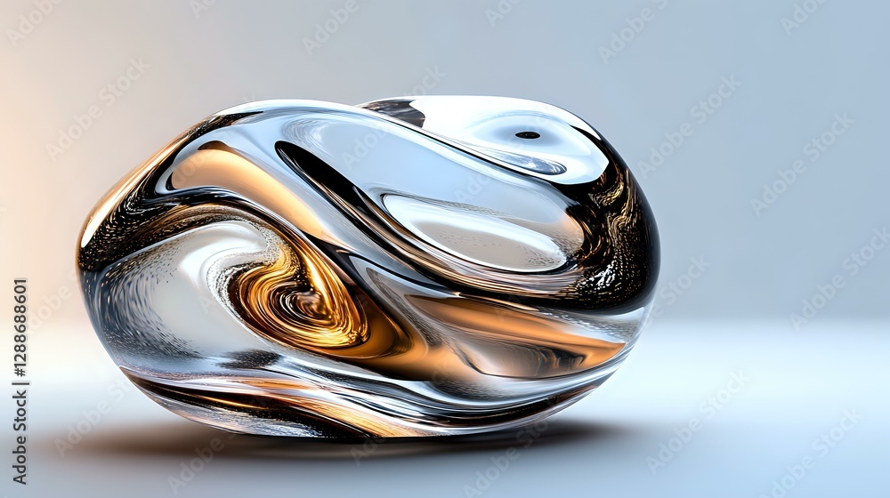 Poster organic abstract shape with flowing chrome and gold metallic surfaces creating dynamic curves and re