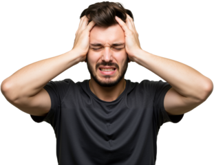 Young man suffering from an intense headache, holding head in pain, looking miserable and exhausted. Concept of stress and discomfort, PNG format