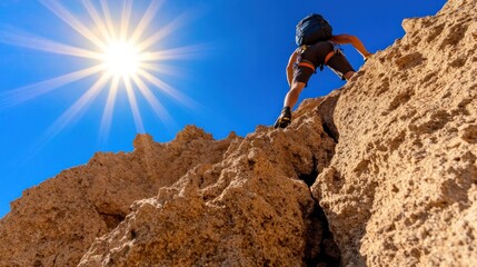 Climber ascends sunny desert rock face