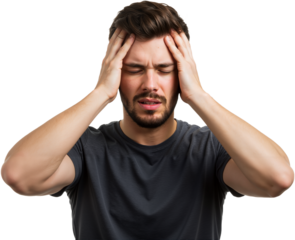 Young man suffering from an intense headache, holding head in pain, looking miserable and exhausted. Concept of stress and discomfort, PNG format