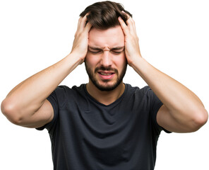 Fototapeta premium Young man suffering from an intense headache, holding head in pain, looking miserable and exhausted. Concept of stress and discomfort, PNG format