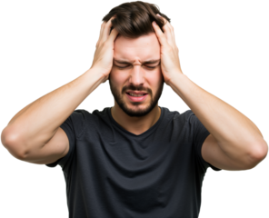 Young man suffering from an intense headache, holding head in pain, looking miserable and exhausted. Concept of stress and discomfort, PNG format