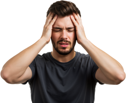 Young man suffering from an intense headache, holding head in pain, looking miserable and exhausted. Concept of stress and discomfort, PNG format