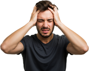 Young man suffering from an intense headache, holding head in pain, looking miserable and exhausted. Concept of stress and discomfort, PNG format
