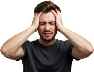 Young man suffering from an intense headache, holding head in pain, looking miserable and exhausted. Concept of stress and discomfort, PNG format