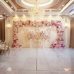 Floral Backdrop Elegance for Celebration Decor with Chandelier and Reception Ambiance Design