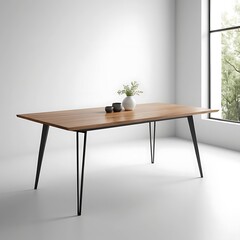 Minimalist Wood Dining Table with Black Legs and Vases