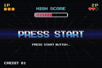 PRESS START. press start button. pixel art .8 bit game. retro game. for game assets .Retro Futurism Sci-Fi Background. glowing neon grid. and stars from vintage arcade computer games