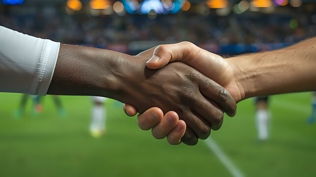 Close-up of multiracial handshake between soccer players on stadium field background with bokeh lights, symbolizing unity, sportsmanship and fair play in sports.