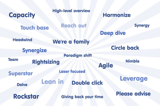 Corporate language buzzwords loved by managers, disliked by employees. Modern corporation jargon - synergy, headwind, superstar and paradigm shift.