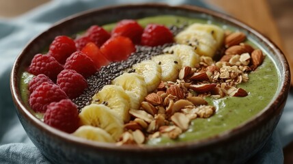 Smoothie bowl topped with fresh fruits, nuts, and seeds, organic and plant-based breakfast option, bright and colorful presentation