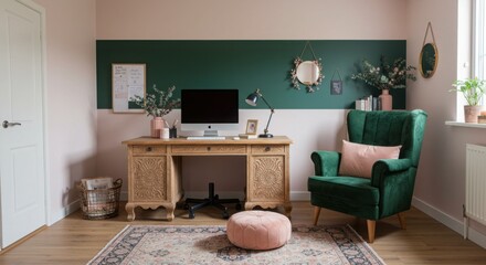 Fototapeta premium Blush Pink Forest Green Home Office design Rustic cozy decor