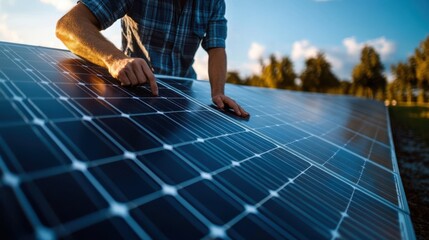 Solar panel array on a commercial rooftop, eco-friendly business operation, large panels absorbing sunlight in a vibrant urban setting