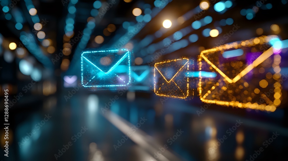 Poster glowing neon email envelope icons floating in dark space with blue and gold bokeh lights creating di