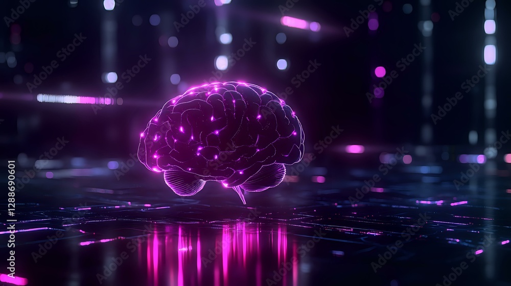Poster glowing purple brain floating over reflective digital surface with neon lights and bokeh effects, re