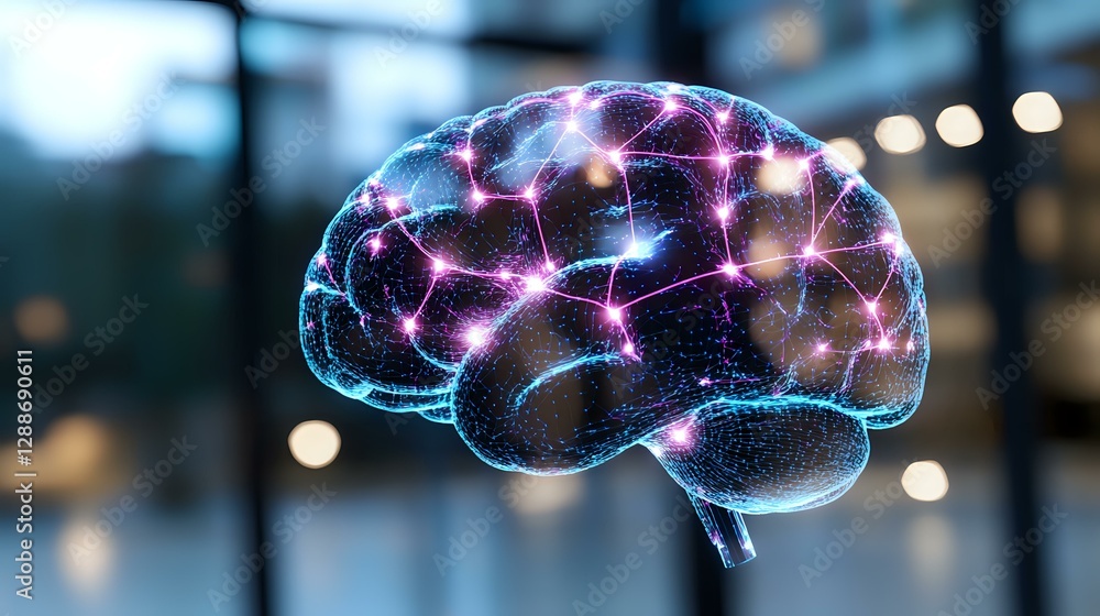 Poster glowing neural network in shape of human brain with purple and blue light connections on dark backgr