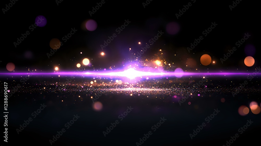 Poster glowing purple light streak with sparkling particles and bokeh effects on dark background, creating 