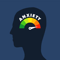 Anxiety level meter on a person head profile view. Mental health concept illustration.